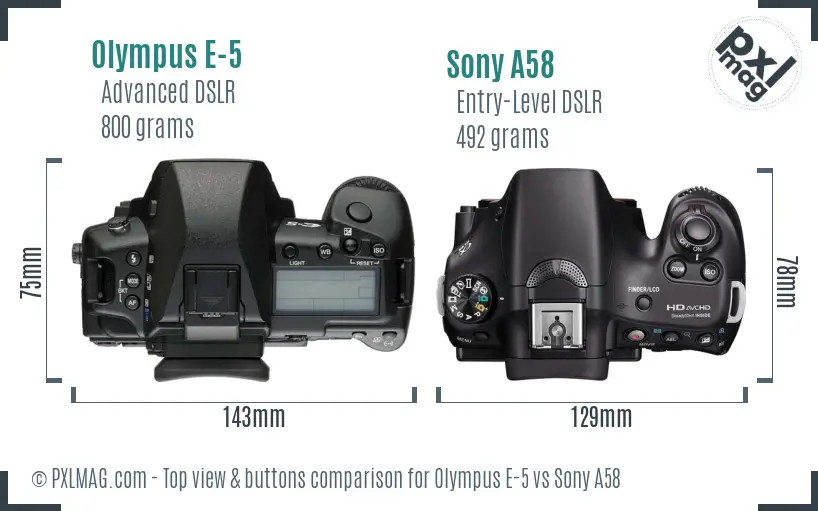 Olympus E-5 vs Sony A58 top view buttons comparison