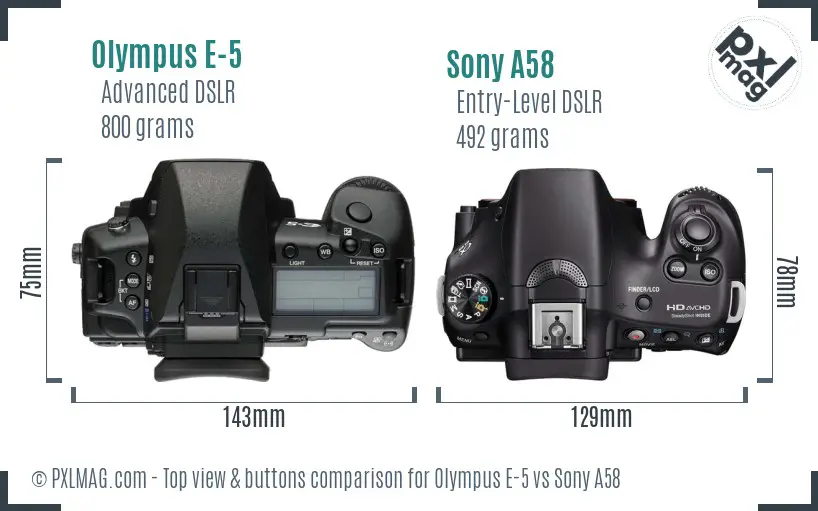 Olympus E-5 vs Sony A58 top view buttons comparison Olympus E-5 vs Sony A58 top view buttons comparison