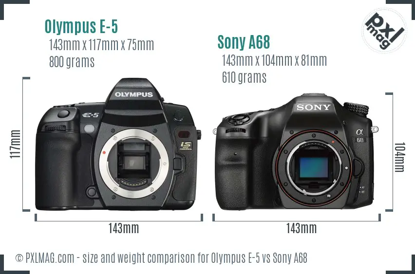 Olympus E-5 vs Sony A68 size comparison