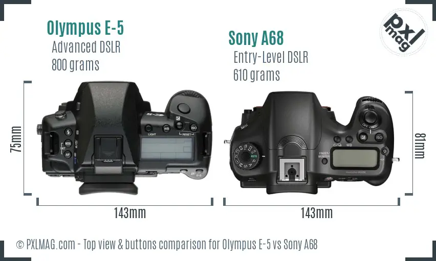 Olympus E-5 vs Sony A68 top view buttons comparison