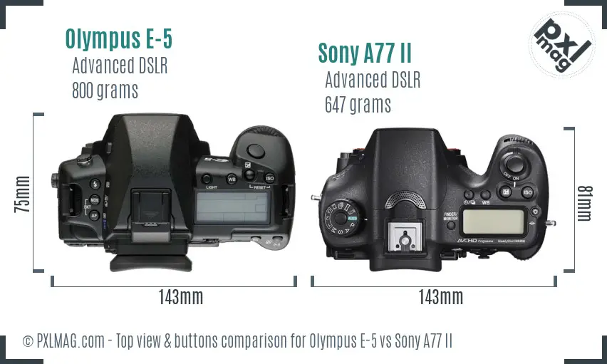 Olympus E-5 vs Sony A77 II top view buttons comparison
