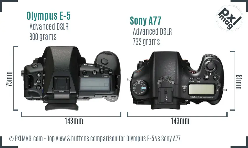 Olympus E-5 vs Sony A77 top view buttons comparison