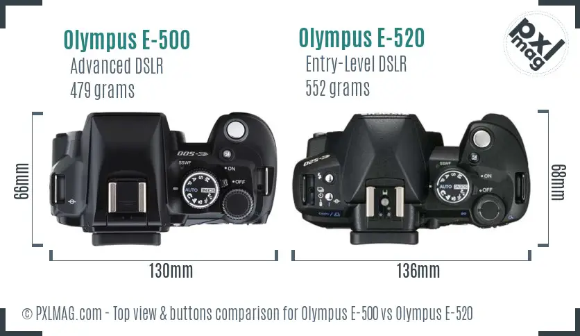 Olympus E-500 vs Olympus E-520 top view buttons comparison