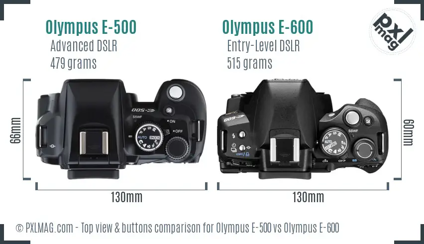 Olympus E-500 vs Olympus E-600 top view buttons comparison
