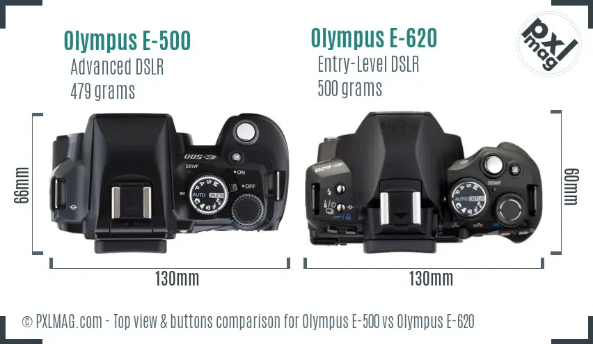 Olympus E-500 vs Olympus E-620 top view buttons comparison