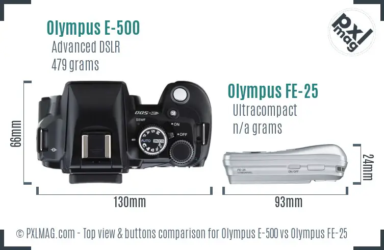 Olympus E-500 vs Olympus FE-25 top view buttons comparison