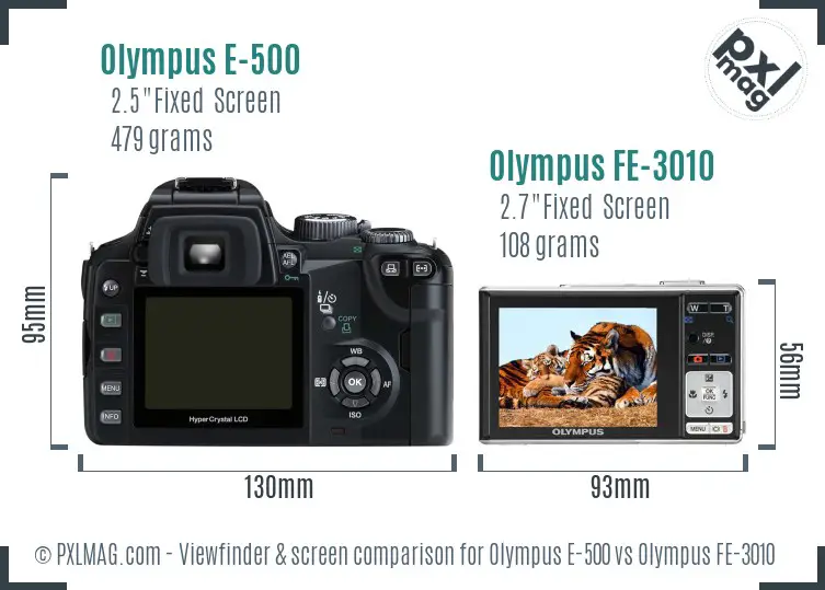 Olympus E-500 vs Olympus FE-3010 Screen and Viewfinder comparison