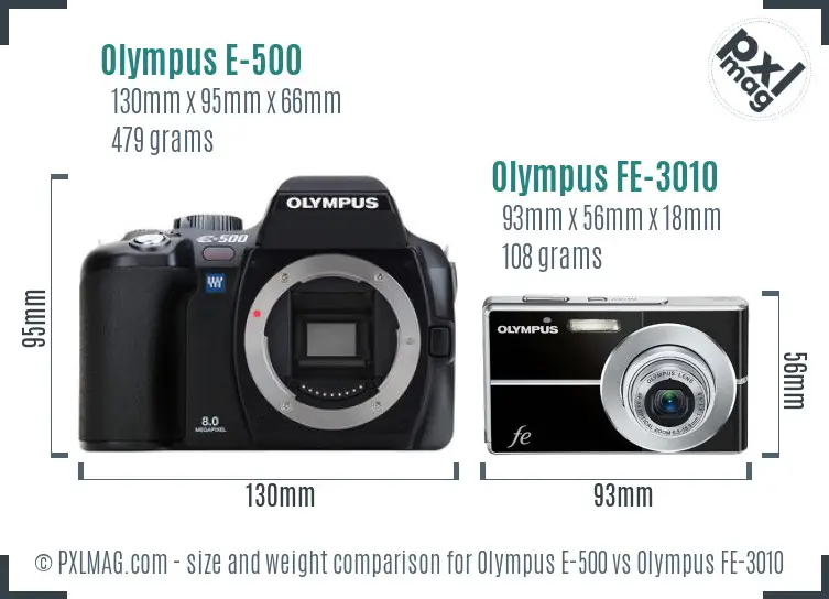 Olympus E-500 vs Olympus FE-3010 size comparison