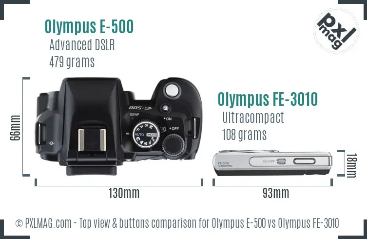 Olympus E-500 vs Olympus FE-3010 top view buttons comparison