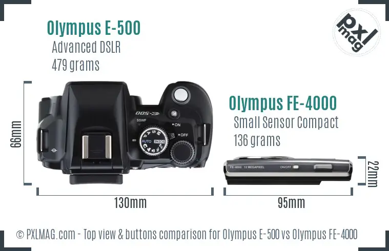Olympus E-500 vs Olympus FE-4000 top view buttons comparison