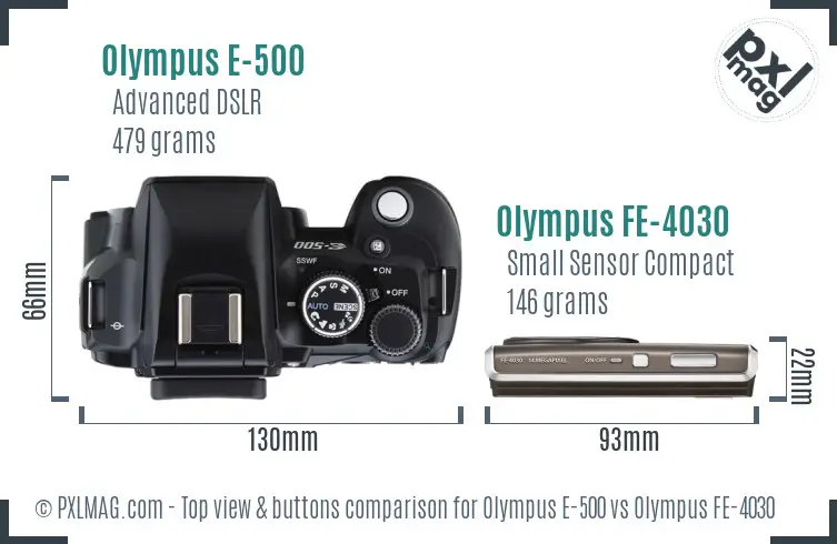 Olympus E-500 vs Olympus FE-4030 top view buttons comparison