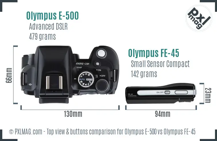 Olympus E-500 vs Olympus FE-45 top view buttons comparison