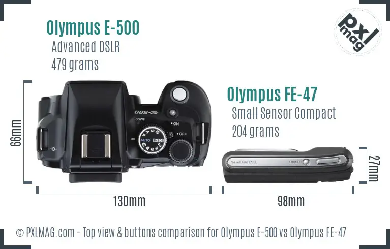Olympus E-500 vs Olympus FE-47 top view buttons comparison
