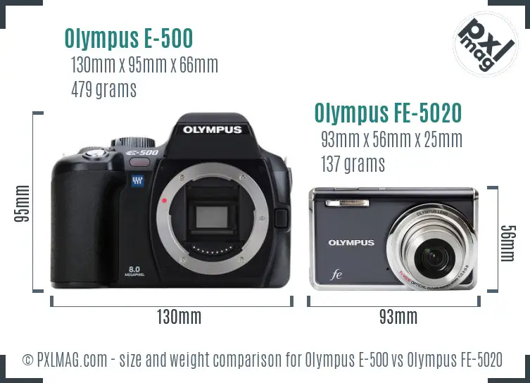 Olympus E-500 vs Olympus FE-5020 size comparison