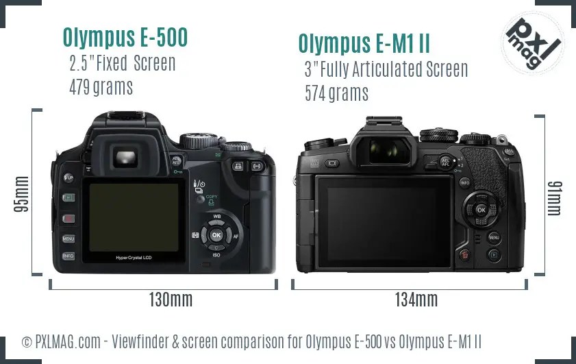 Olympus E-500 vs Olympus E-M1 II Screen and Viewfinder comparison