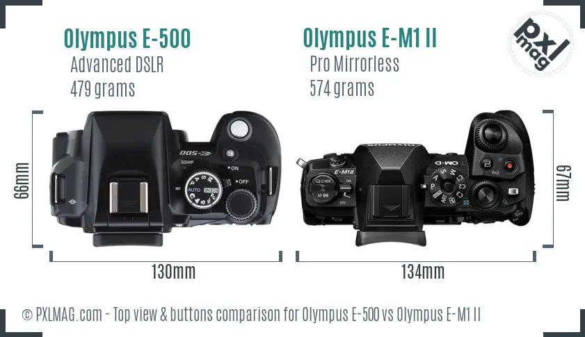 Olympus E-500 vs Olympus E-M1 II top view buttons comparison