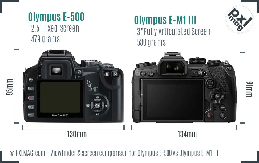 Olympus E-500 vs Olympus E-M1 III Screen and Viewfinder comparison