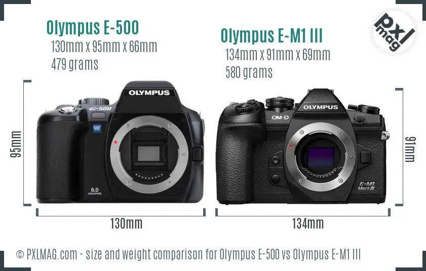 Olympus E-500 vs Olympus E-M1 III size comparison