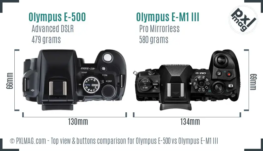 Olympus E-500 vs Olympus E-M1 III top view buttons comparison