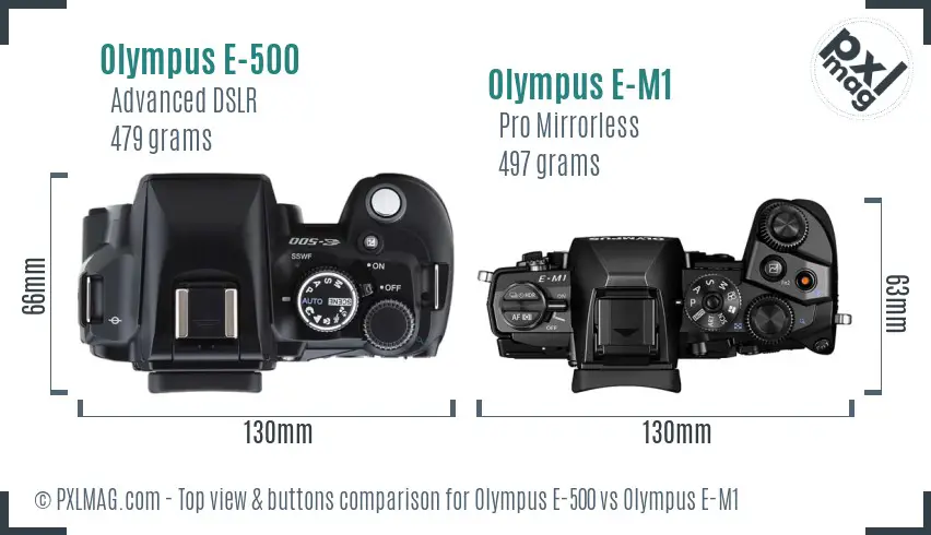 Olympus E-500 vs Olympus E-M1 top view buttons comparison