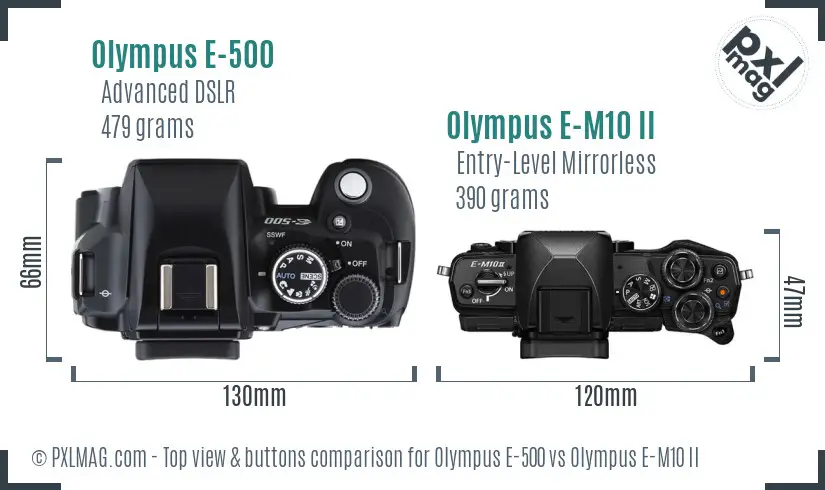 Olympus E-500 vs Olympus E-M10 II top view buttons comparison