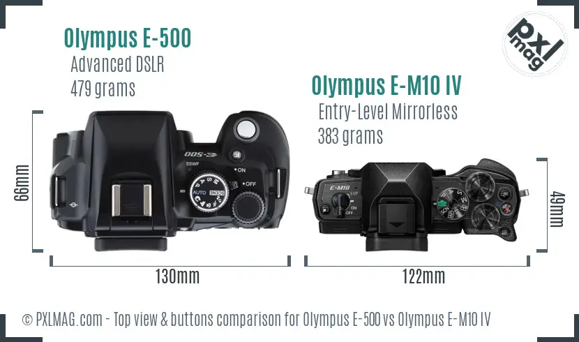 Olympus E-500 vs Olympus E-M10 IV top view buttons comparison