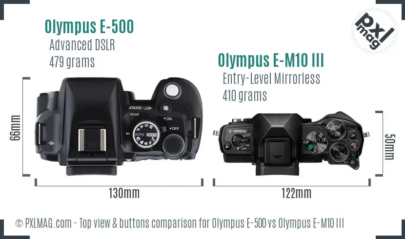 Olympus E-500 vs Olympus E-M10 III top view buttons comparison