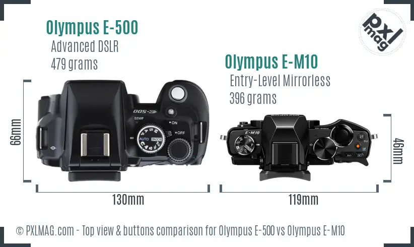 Olympus E-500 vs Olympus E-M10 top view buttons comparison