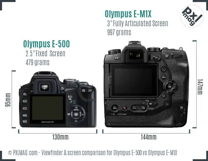 Olympus E-500 vs Olympus E-M1X Screen and Viewfinder comparison