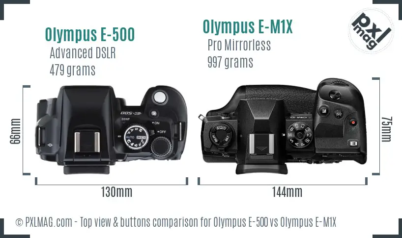 Olympus E-500 vs Olympus E-M1X top view buttons comparison