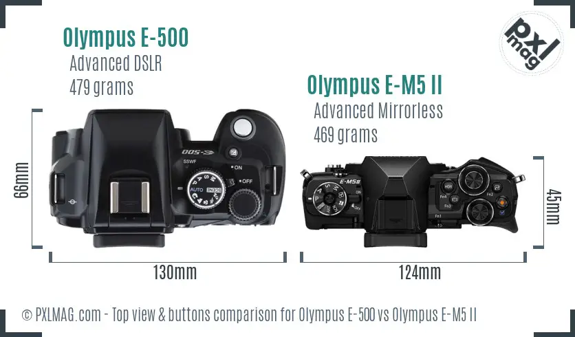 Olympus E-500 vs Olympus E-M5 II top view buttons comparison
