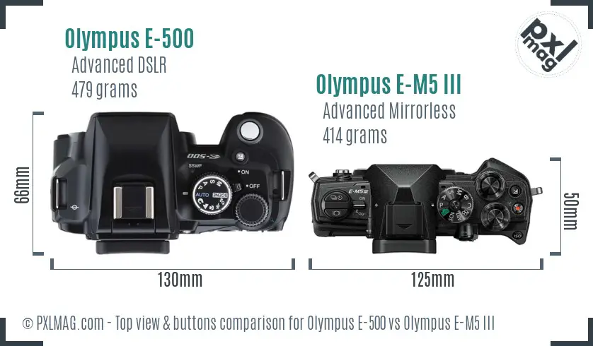 Olympus E-500 vs Olympus E-M5 III top view buttons comparison