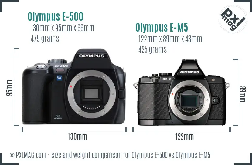 Olympus E-500 vs Olympus E-M5 size comparison