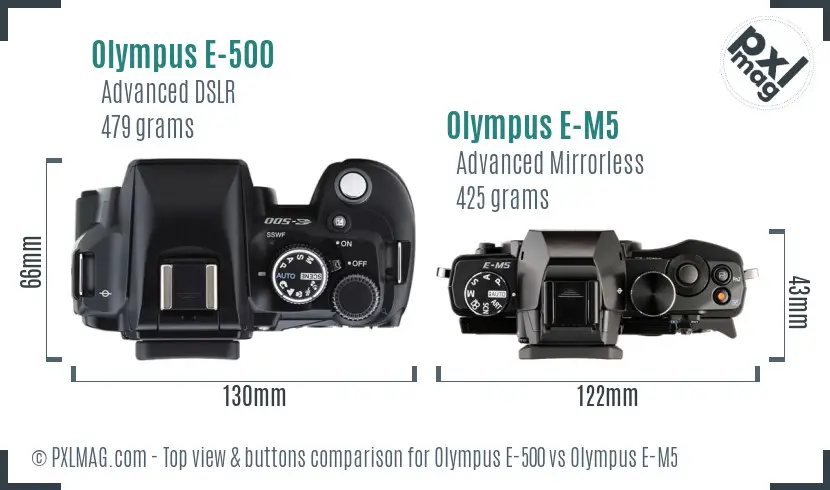 Olympus E-500 vs Olympus E-M5 top view buttons comparison