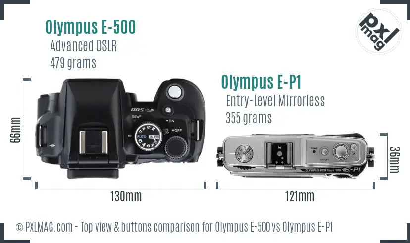 Olympus E-500 vs Olympus E-P1 top view buttons comparison
