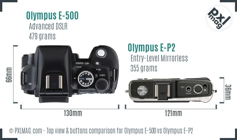 Olympus E-500 vs Olympus E-P2 top view buttons comparison