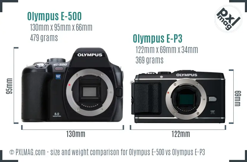 Olympus E-500 vs Olympus E-P3 size comparison