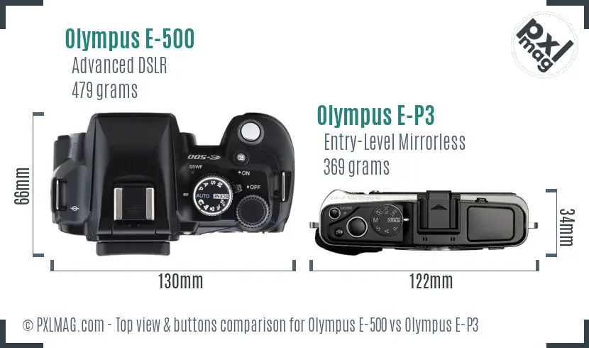 Olympus E-500 vs Olympus E-P3 top view buttons comparison