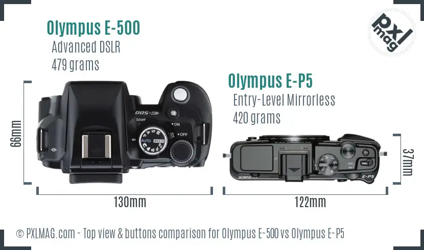 Olympus E-500 vs Olympus E-P5 top view buttons comparison