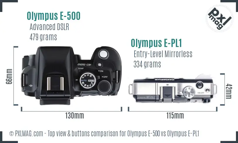 Olympus E-500 vs Olympus E-PL1 top view buttons comparison