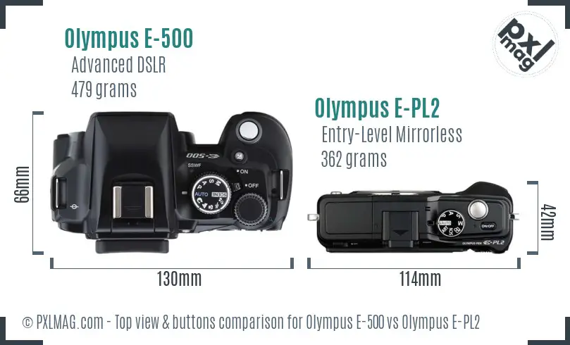 Olympus E-500 vs Olympus E-PL2 top view buttons comparison
