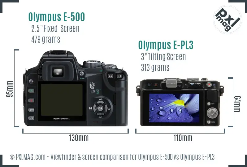 Olympus E-500 vs Olympus E-PL3 Screen and Viewfinder comparison