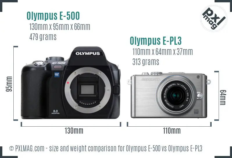 Olympus E-500 vs Olympus E-PL3 size comparison