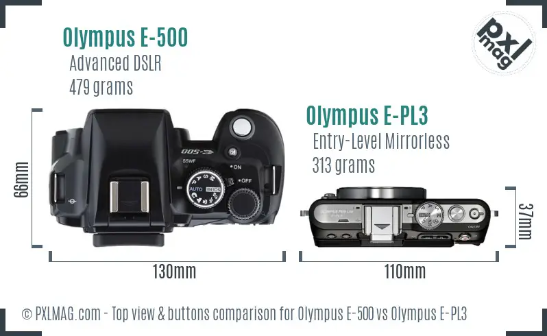 Olympus E-500 vs Olympus E-PL3 top view buttons comparison