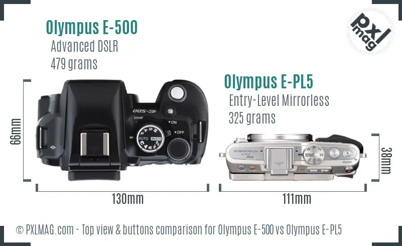 Olympus E-500 vs Olympus E-PL5 top view buttons comparison
