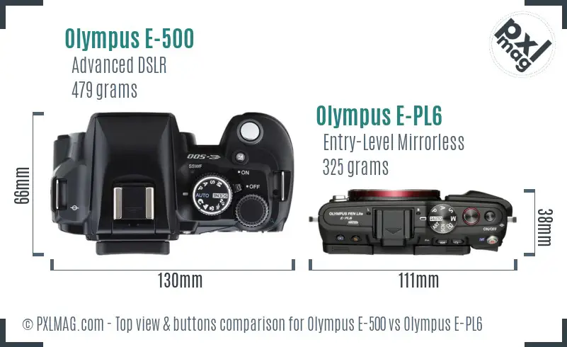 Olympus E-500 vs Olympus E-PL6 top view buttons comparison
