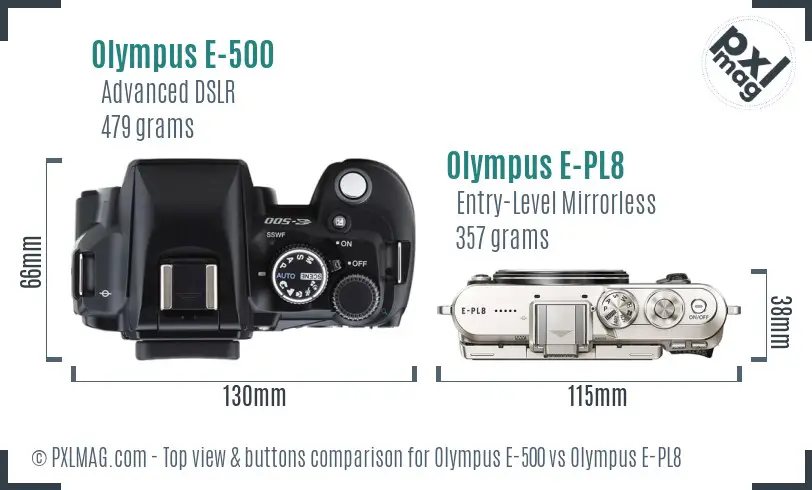 Olympus E-500 vs Olympus E-PL8 top view buttons comparison