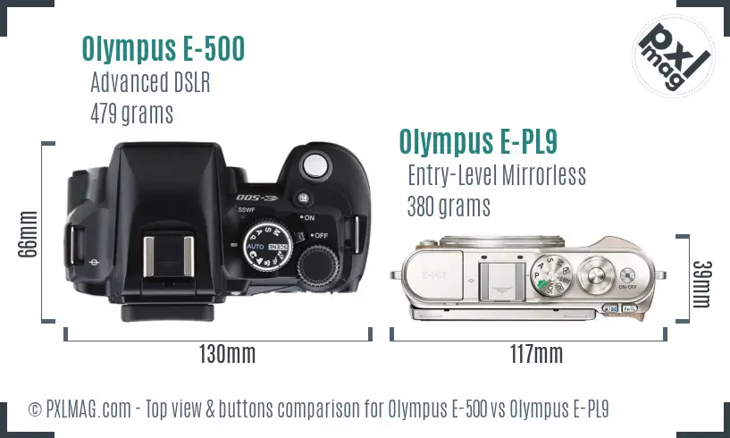 Olympus E-500 vs Olympus E-PL9 top view buttons comparison