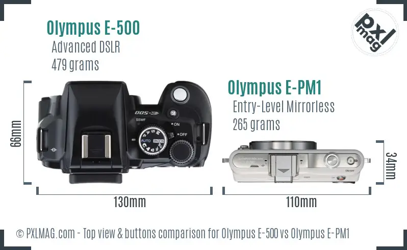 Olympus E-500 vs Olympus E-PM1 top view buttons comparison