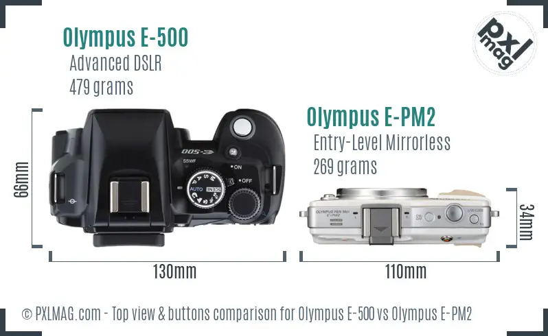 Olympus E-500 vs Olympus E-PM2 top view buttons comparison